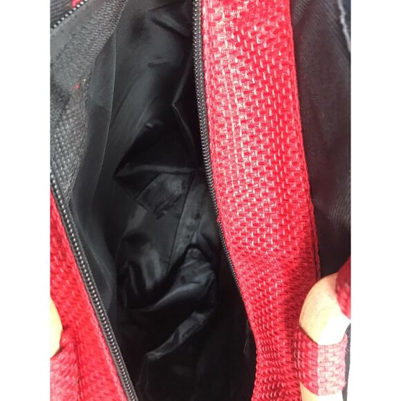 Red Woven Tote Handbag Black Velour Beaded Wooden Circular Handles Beach Purse - Picture 6 of 10